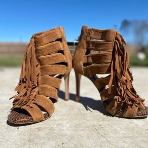 Brown Suede Heel with Tassels, Size 7.5